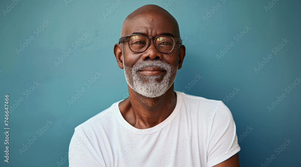 Studio portrait of handsome mature black man, bald with glasses, blue background - obrazy, fototapety, plakaty 