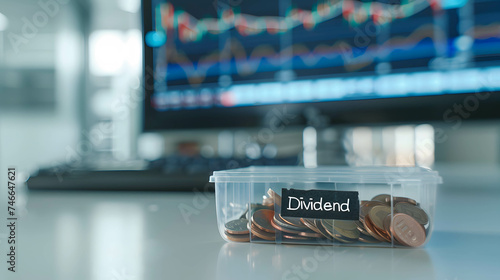 a plastic box with written word “Dividend”, diversify investments or investing part of money in dividend stock concept