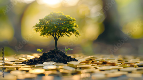 small plant or tree growing on pile of golden coins, investment for financial growth and freedom, Investing in environment, social, governance or ESG concept