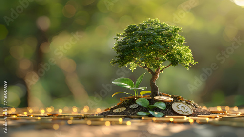 small plant or tree growing on pile of golden coins, investment for financial growth and freedom, Investing in environment, social, governance or ESG concept