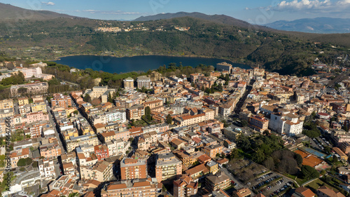 Aerial view of Genzano di Roma. It is a town of Castelli Romani regional park, near Rome, Italy. The historic center is located in the Alban Hills overlooking Lake Nemi, a volcanic crater lake.  photo