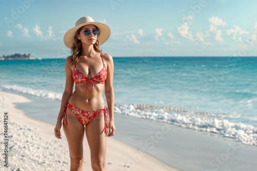 Obraz na płótnie Beautiful young woman in swimsuit and hat on tropical sand beach. w salonie