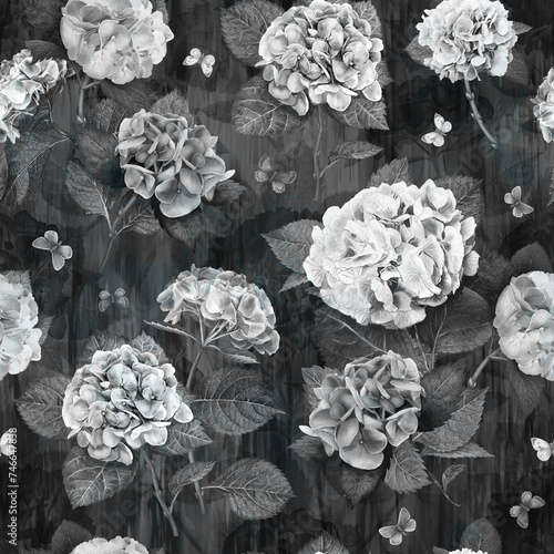 Vintage hydrangea pattern seamless floral romantic flowers watercolor repeat abstract background with butterflies, elegant hortensia in retro old grunge monochrome dark black greyscale colors