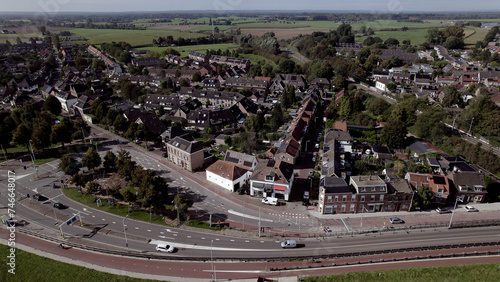 Neighbourhood De Hoven in suburbs of Zutphen across the river IJssel. City planning, street plan, infrastructure and urban development concept seen from above.