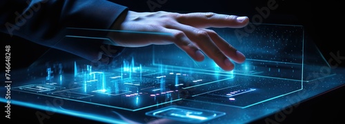 a modern executive has his hand touching an abstract shape on a tablet screen, in the style of futuristic contraptions, light teal and dark indigo, human-canvas integration, shaped canvas, light-focus photo