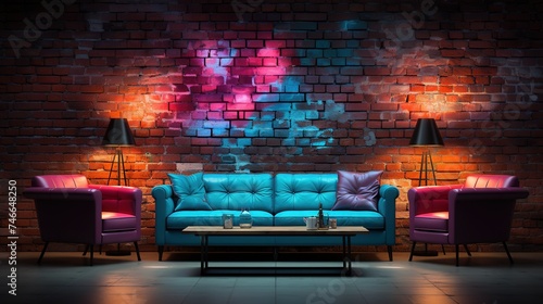 a modern living room with coloured lights on brick wall, in the style of red and blue, rtx on, political, social commentary, decorative backgrounds, smokey background, color-light photo