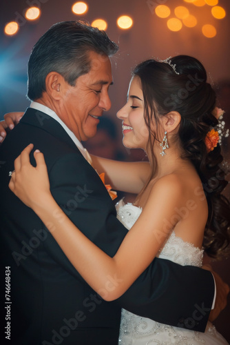 Teenage girl sharing a dance with her father at her quinceanera, a moment of affection and joy.
