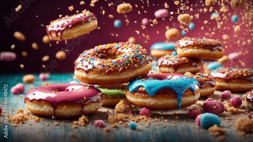 Flying donuts Mix of multicolored doughnuts with sprinkles