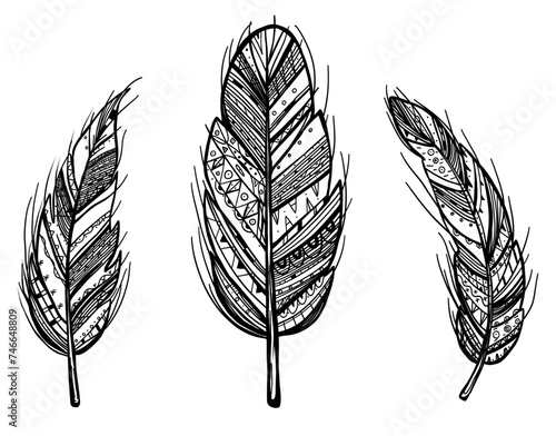 Set with indian tribal feathers in hand drawn doodle style