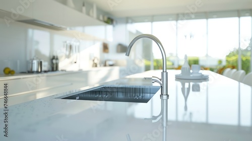 The modern kitchen set includes a faucet. The brightly lit kitchen, slightly viewed from the side, appears neat and tidy.
 photo