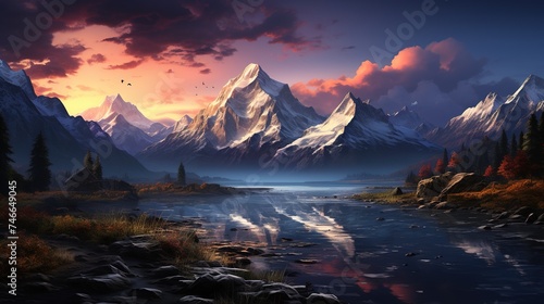 a mountain range in the mountains in, in the style of romantic emotivity, snow scenes, landscape inspirations © Smilego