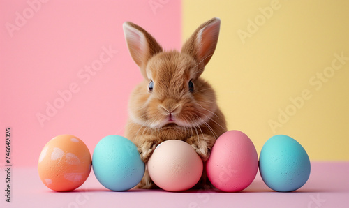 Adorable Bunny with Pastel Colored Easter Eggs  © augenperspektive