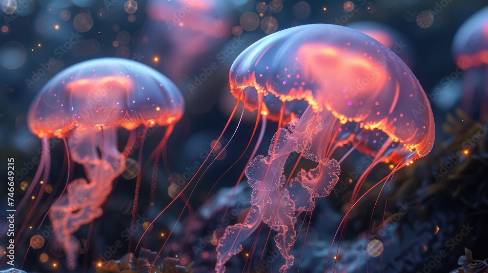 Glowing jellyfishes swim deep in dark blue ocean. Realistic Medusa neon jellyfish in sea. Black background with a space for text. Glowing jellyfishes swim deep in dark blue ocean. Realistic Medusa neon jellyfish in sea. Black background with a space for text.