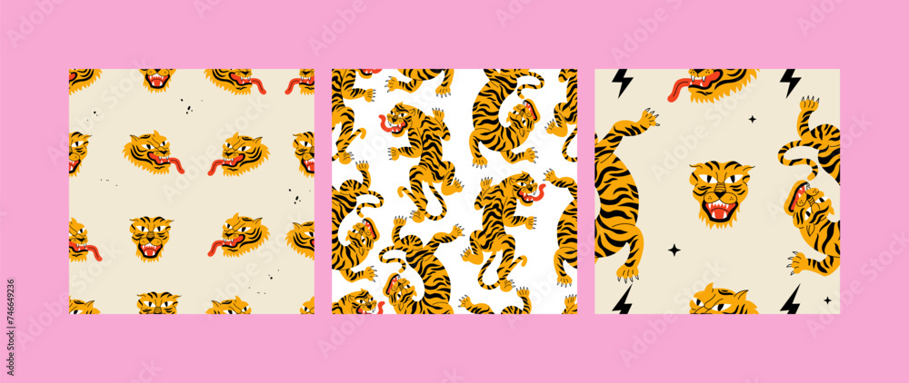 Vector illustration set with walking tiger and tiger head. Cartoon animal character. Seamless pattern