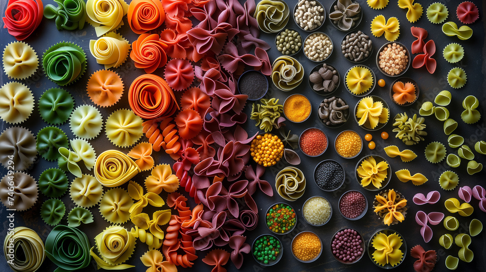 Colorful various shapes paste on dark background. Macaroni product layout. - obrazy, fototapety, plakaty 