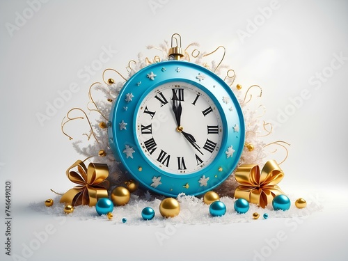 clock with new year decorations on white background 