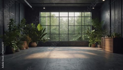 Gentle haze. Contemporary slate studio for presenting products. Open area with window shadows and foliage details. D room with space for text.