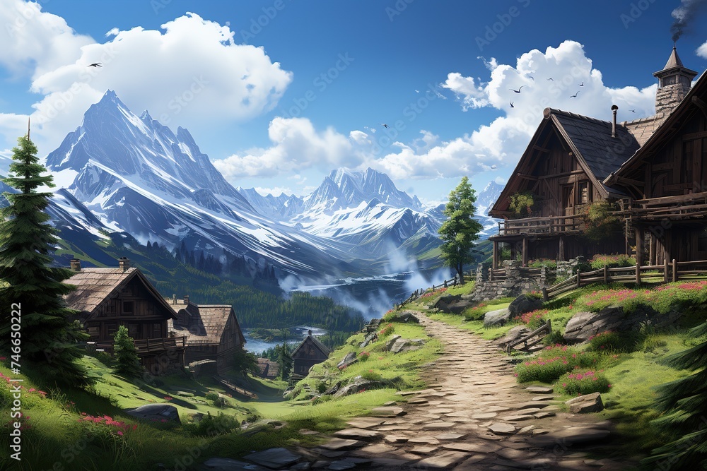 a mountain village with some wooden homes, in the style of expansive landscapes, spectacular backdrops a mountain village with some wooden homes, in the style of expansive landscapes, spectacular backdrops