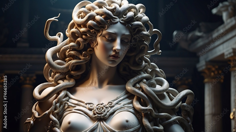Close up of Marble statue of Medusa in temple Close up of Marble statue of Medusa in temple