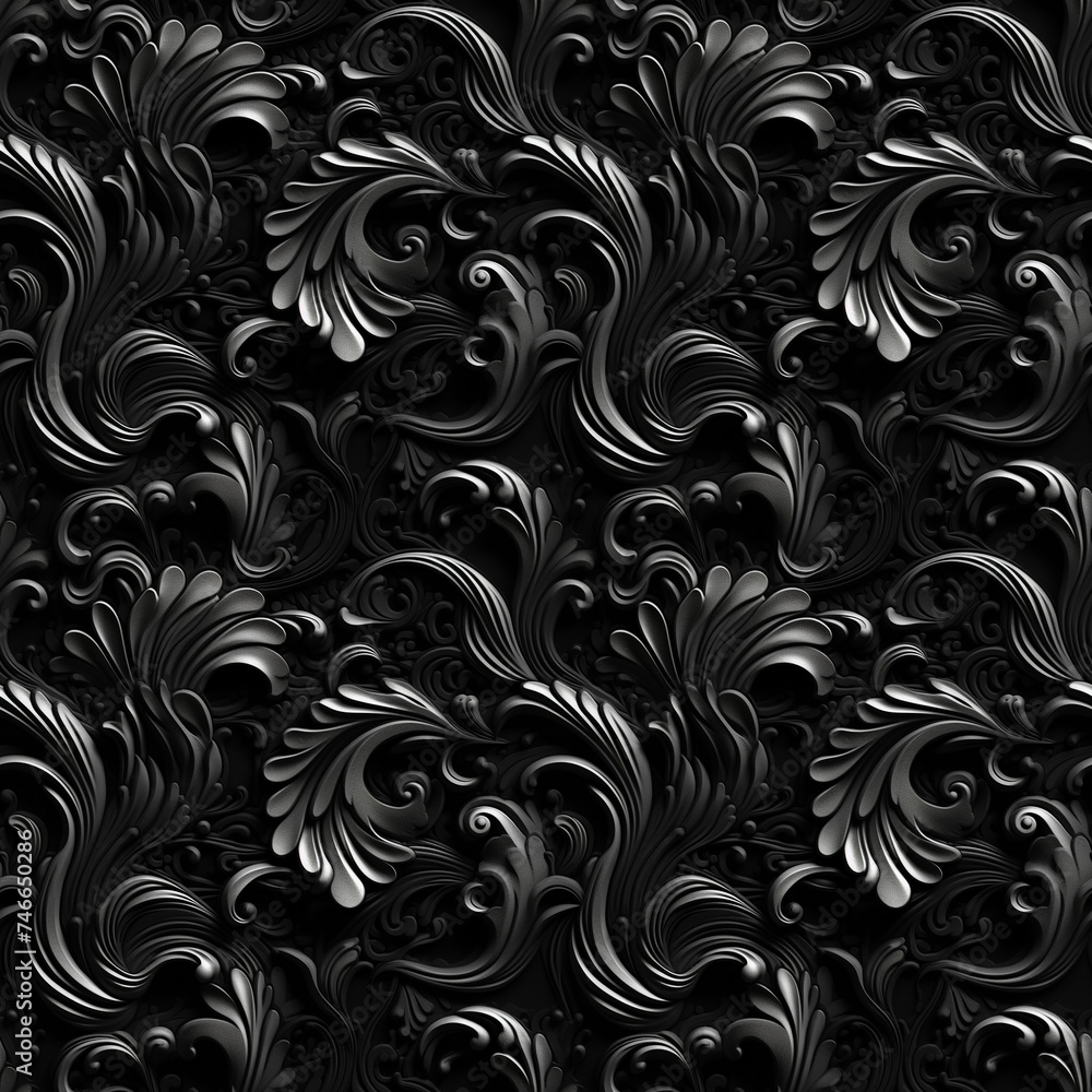 Black and white seamless pattern with classic flower and foliage ornament. Seamless texture background. Black and white seamless pattern with classic flower and foliage ornament. Seamless texture background.