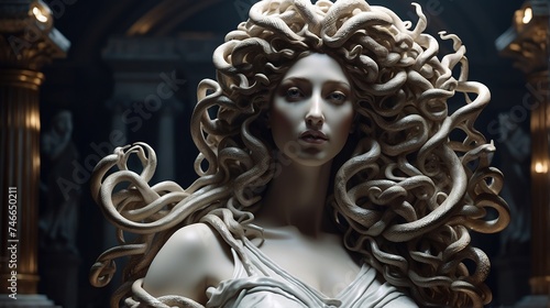 Close up of Marble statue of Medusa in temple 