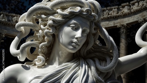 Close up of Marble statue of Medusa in temple 