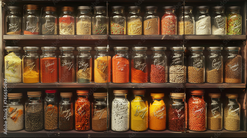Neatly Arranged Spice Rack with Labeled Jars
