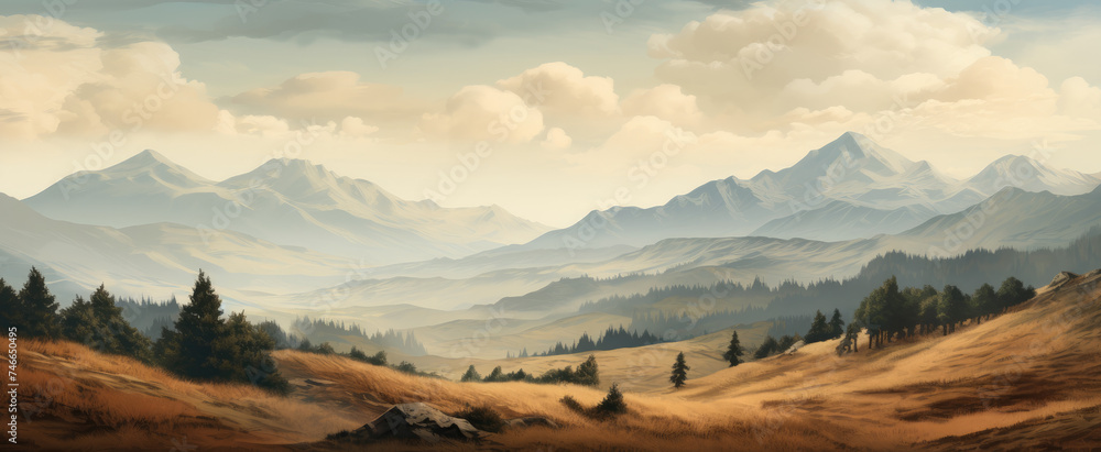 Snowy Mountains in foggy clouds. Misty landscape with fir forest with high hills and mystery atmosphere - obrazy, fototapety, plakaty 
