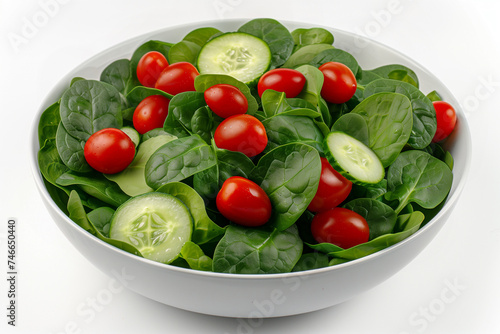 A white bowl filled with mixed fresh vegetables like spinach, tomatoes, and cucumbers