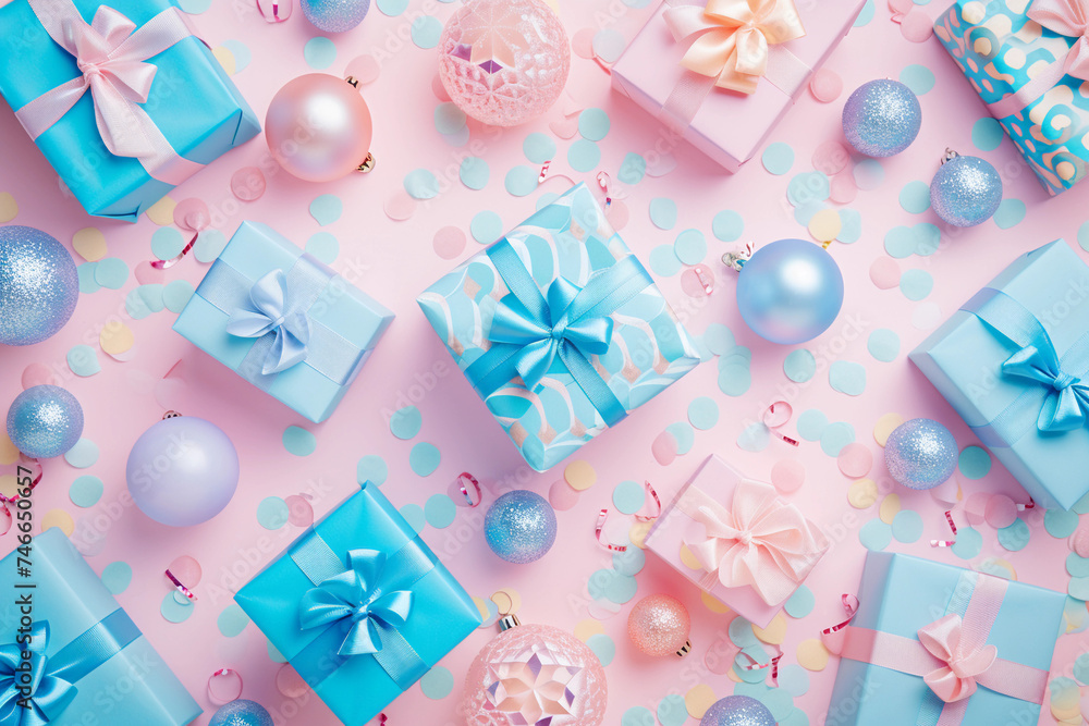 Holidays concept. Top view photo of pink, blue, purple gift boxes with ribbon bows and sequins on isolated pastel pink background for postcard or banner. Holidays concept. Top view photo of pink, blue, purple gift boxes with ribbon bows and sequins on isolated pastel pink background for postcard or banner.