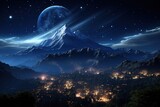 a mountain with several stars flying in the sky, time-lapse photography and film, dark gray and sky-blue, 32k uhd, precisionist lines, classical landscapes
