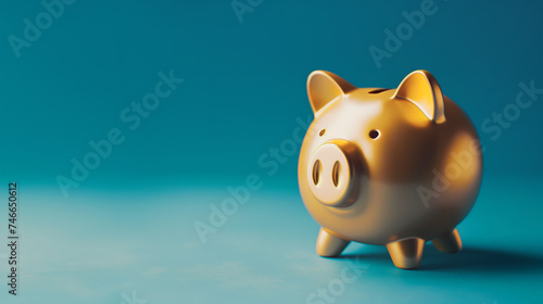 Gold pig piggy bank isolated on blue background with copy space, symbolic concept for banking wealth, investment success, economic prosperity, savings, interest and profit
