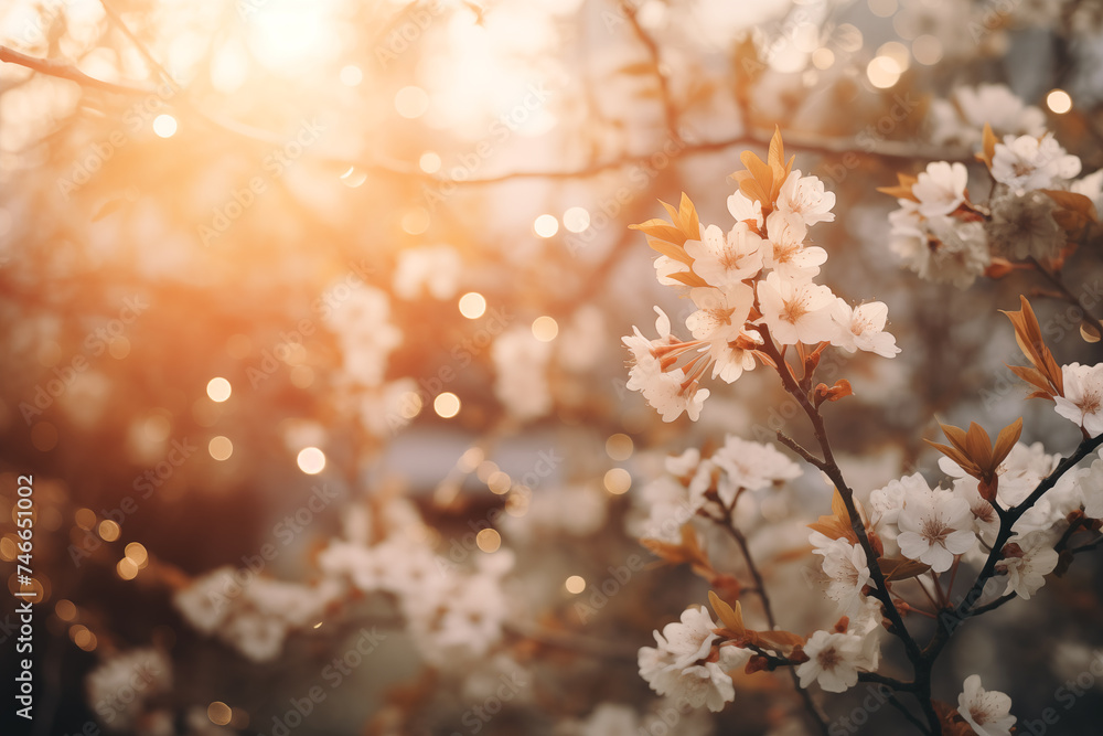 Cherry blossoms in full bloom under warm spring sunset