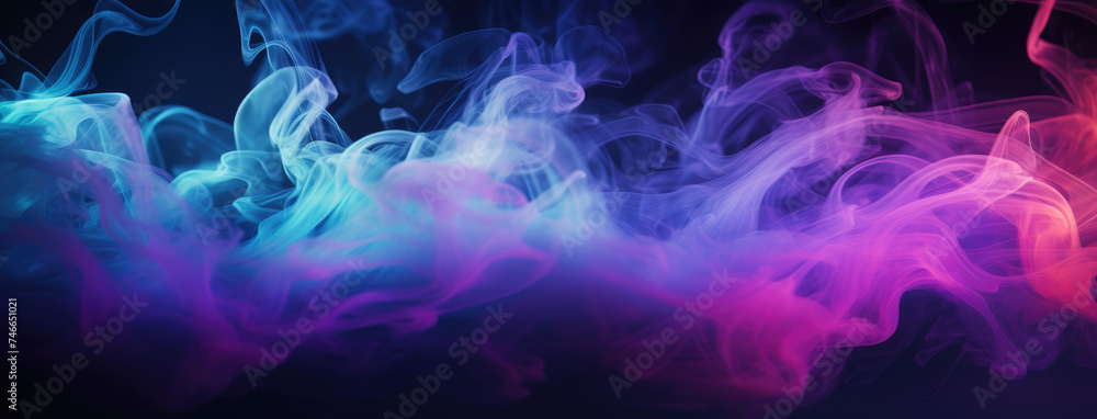 Neon smoke on room floor. Neon fairytale smoke moves on black background. Panoramic view of the abstract fog. Swirling cloudiness, mystery mist or smog rolling low across the ground. Neon smoke on room floor. Neon fairytale smoke moves on black background. Panoramic view of the abstract fog. Swirling cloudiness, mystery mist or smog rolling low across the ground.