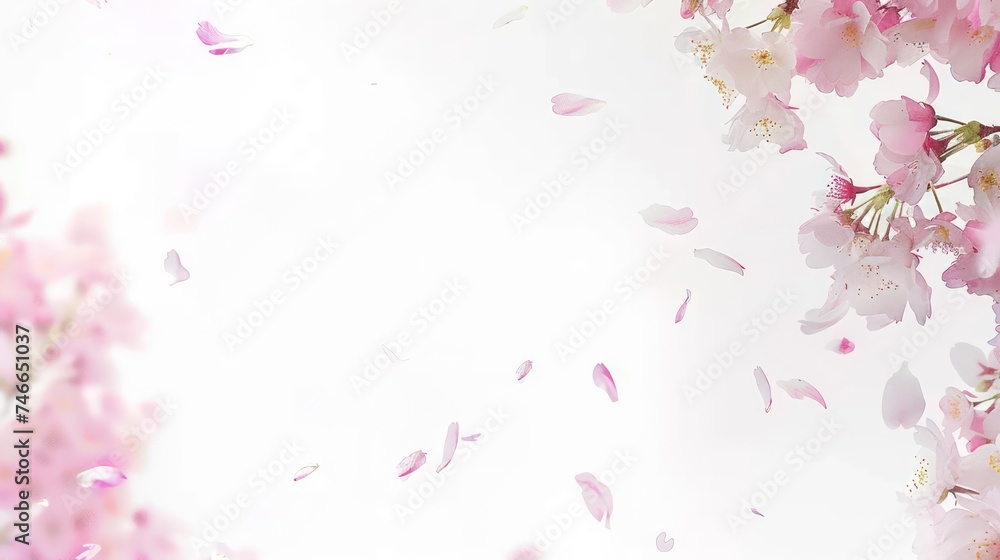 pink and white cherry blossom petals descend diagonally from upper left to lower right on a modern, stylish white background pink and white cherry blossom petals descend diagonally from upper left to lower right on a modern, stylish white background