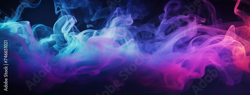 Neon smoke on room floor. Neon fairytale smoke moves on black background. Panoramic view of the abstract fog. Swirling cloudiness, mystery mist or smog rolling low across the ground.