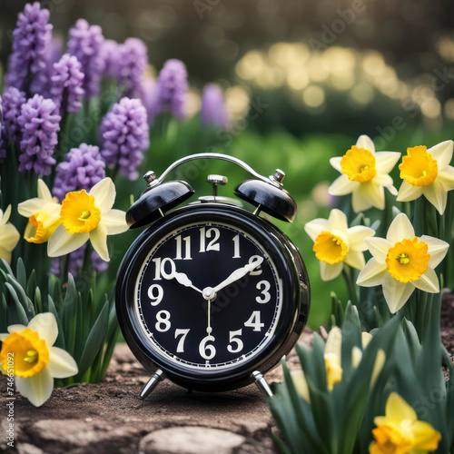 Black retro clock in spring hyacinth and daffodil garden for daylight savings time photo