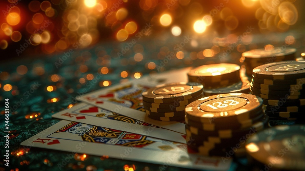 Creative poker template, background design with golden playing cards and poker chips on a dark background. Casino concept, gambling, header for the site. Copy space