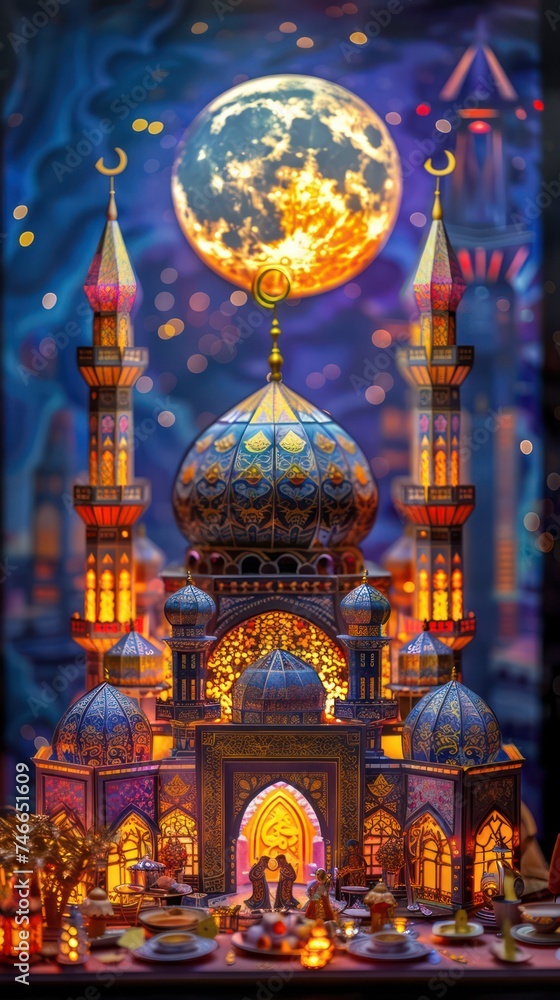 Obraz premium In a stunning display of vibrant 3D paper art, a radiant mosque beneath a gleaming moon harmonizes Eastern and Western architectural intricacies.