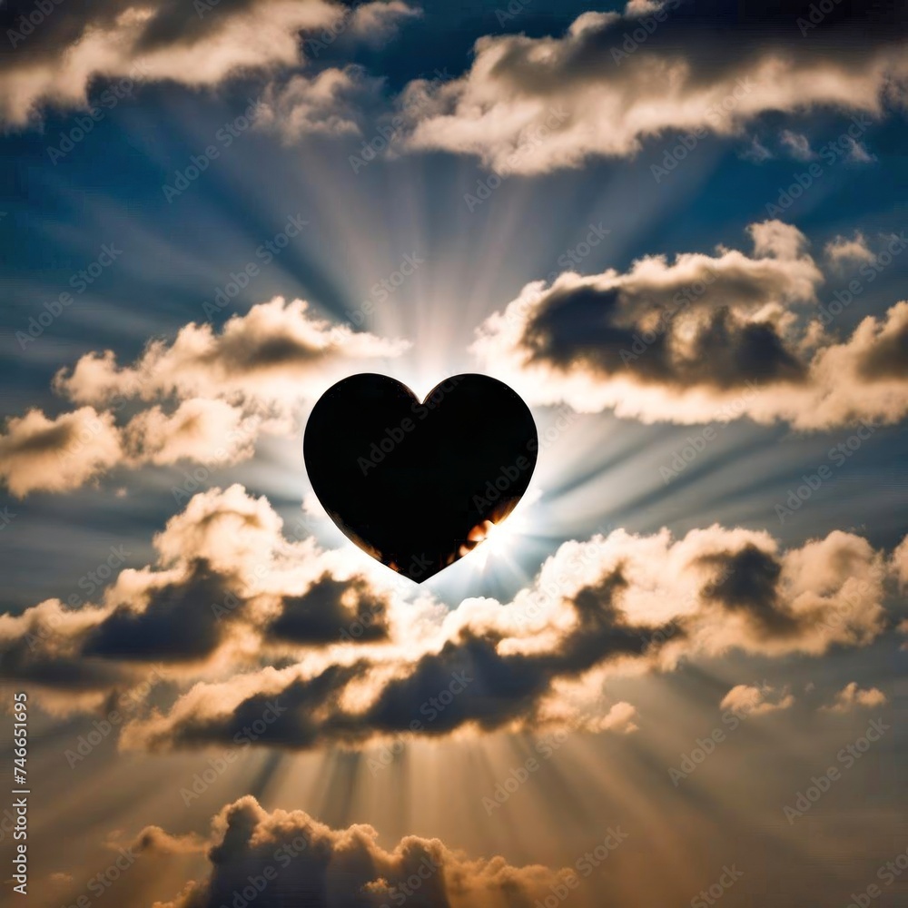 Heart silhouette on the sun with sunbeams and clouds - obrazy, fototapety, plakaty 