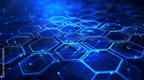 Blue hexagonal pattern symbolizing network connectivity. Cybernetic structure representing digital data transfer. High-tech background with hexagonal design.