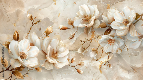 Watercolor spring magnolia blossom on beige background.. photo