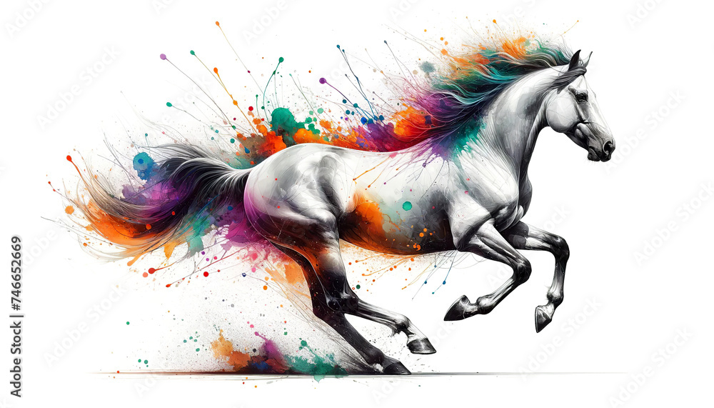 A white horse galloping, its mane and tail merging with explosive colorful splashes, symbolizing vitality and freedom. AI-generated. A white horse galloping, its mane and tail merging with explosive colorful splashes, symbolizing vitality and freedom. AI-generated.