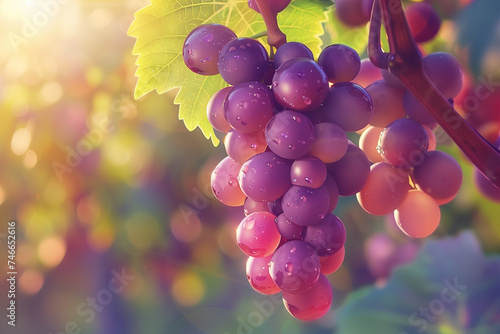 Bunch of ripe, juicy purple grapes against a natural vineyard backdrop