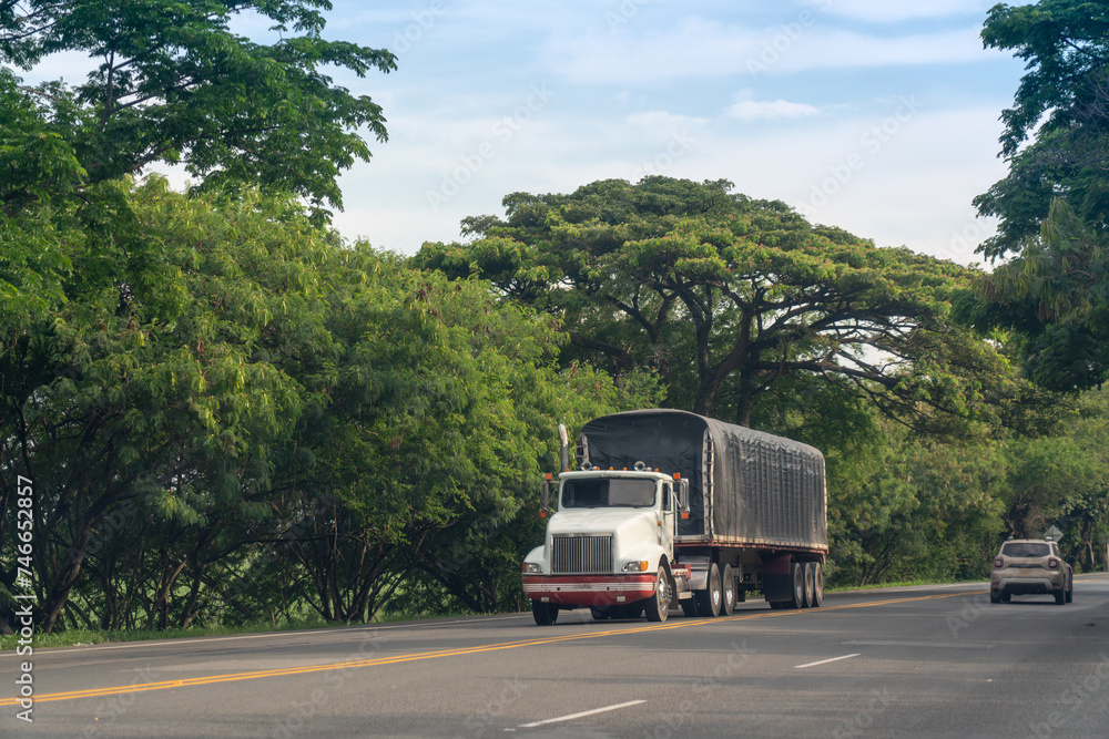 Truck on a rural road in a tropical climate in Colombia.