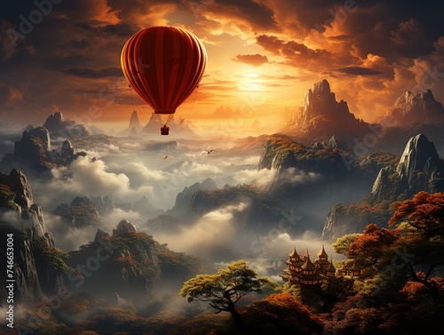 a paralax flying over a hill in the clouds, in the style of photo-realistic landscapes, traditional, 32k uhd, red and gold, countryside