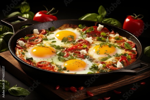 Yammy shakshuka with eggs, ripe tomatoes and flavorful green herbs in a pan. Black background