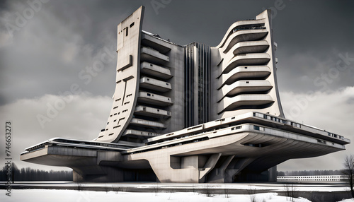 large concrete retro futuristic brutalist apartment building in a snow covered winter landscape