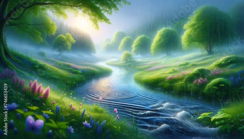 Serene Rainy Landscape with Vibrant Flora and Rippling Stream