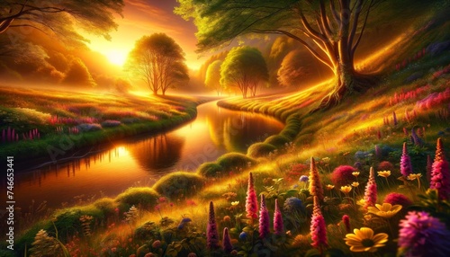 Sunset Glow Over River and Blooming Meadows